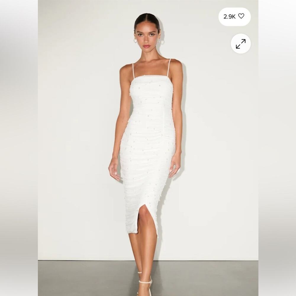 Lulu's White Beaded Midi Dress with Front Slit